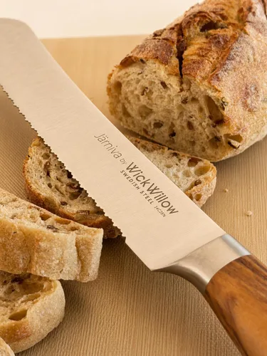 Vista 6 de WICKWILLOW Cuchillo de pan de doble dentado de 8 pulgadas, acero sueco, madera de olivo