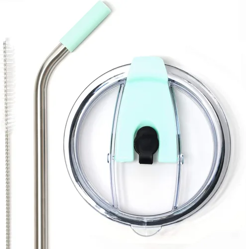 Vista 9 de Tapa de vaso a prueba de derrames con popote de acero inoxidable en ángulo + popote de silicona + cepillo de limpieza para vasos Yeti Rambler u Negro