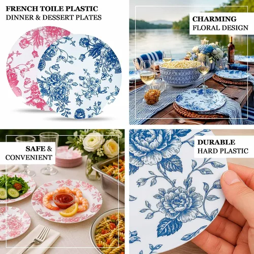 Vista 3 de Efavormart - Paquete de 10 platos de postre de plástico francés – Azul y Blanco Floral, platos de ensalada desechables redondos de 7 pulgadas