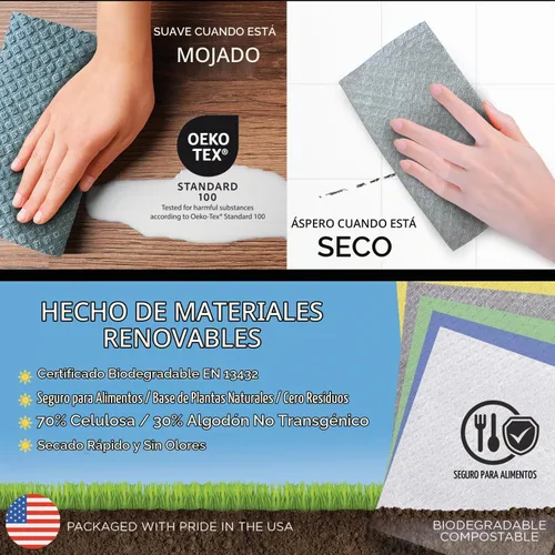 Vista 4 de Paños de cocina suecos para cocina XL, rollo de 30 hojas, biodegradables y compostables, paños de limpieza de toallas de papel reutilizables, 11 x
