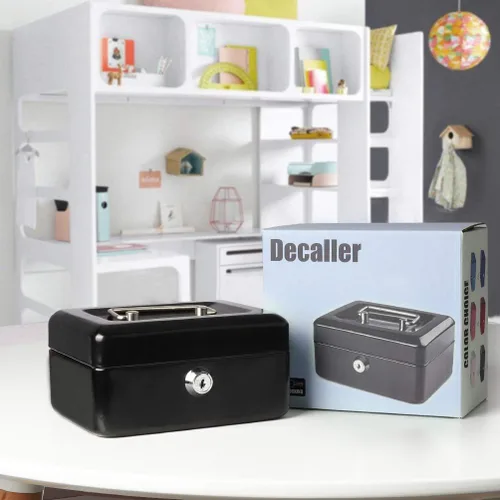Vista 6 de Decaller - Caja de dinero pequeña con cerradura de llave, caja de dinero de metal portátil con doble capa y 2 llaves para seguridad, negro, 6 x 4