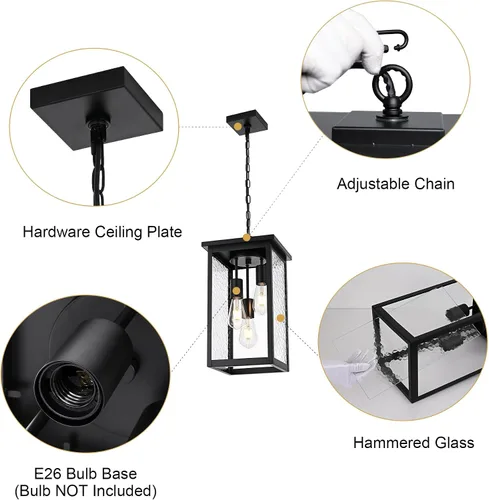 Vista 8 de TODOLUZ Lámpara colgante grande de 3 luces para exteriores, iluminación de porche colgante exterior con vidrio martillado, cadena larga ajustable