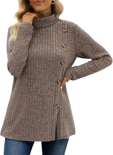 Vista 2 de OFEEFAN Tops de manga larga con cuello alto falso y botones laterales para mujer