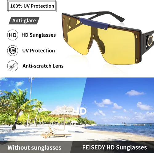 Vista 4 de FEISEDY Gafas de sol para mujer, de gran tamaño, cuadradas, con parte superior plana, para hombre, B4060