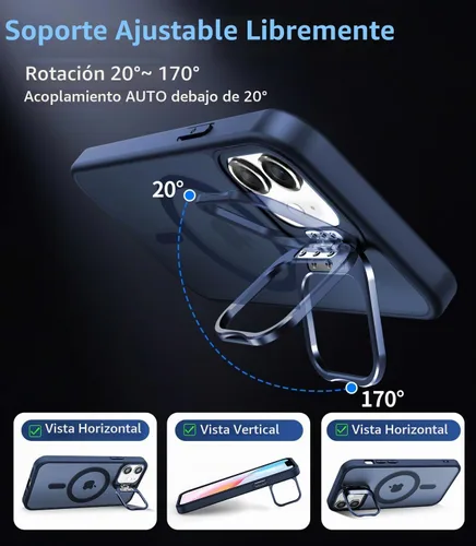 Vista 2 de Funda magnética para iPhone 11 con soporte, compatible con Magsafe, protección militar y protector de lente de cámara, funda translúcida mate, azul