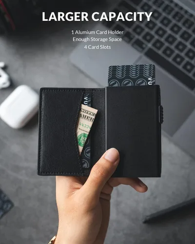 Vista 3 de VULKIT Billeteras delgadas para hombre, con bloqueo RFID, diseño minimalista con capacidad para hasta 11 tarjetas, Negro -, Minimalista