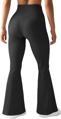 Vista 3 de RUUHEE Pantalones de yoga cruzados acanalados para mujer con bolsillos, cintura alta, acampanados, leggings acampanados
