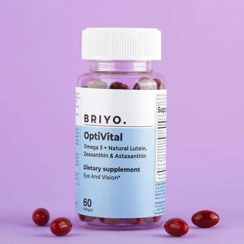 Vista 2 de Briyo OptiVital Suplemento para la salud ocular – Luteína, zeaxantina, astaxantina y omega-3 de fuentes naturales – Apoya la visión, la salud