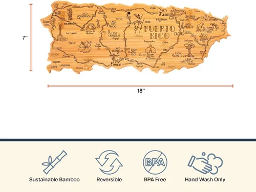 Vista 4 de Totally Bamboo Destination Puerto Rico - Tabla para servir y cortar con forma de Puerto Rico, incluye corbata para colgar en la pared