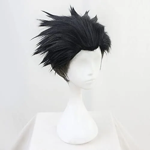 Vista 3 de Peluca de cosplay Himejima Gyoumei Cosplay peluca anime Demon Slayer Kimetsu No Yaiba negro corto pelo sintético fiesta de Halloween + gorra