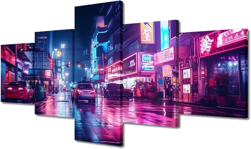 Vista 22 de Póster de 5 paneles en lienzo para decoración de pared, diseño de centro urbano Cyberpunk, impresión moderna, decoración de pared para el hogar