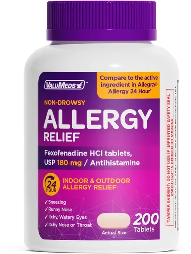 Vista 8 de ValuMeds alivio de alergia de 24 horas fexofenadina clorhidrato 180 mg medicamento genérico antihistamínico sin somnolencia para alergias, fiebre