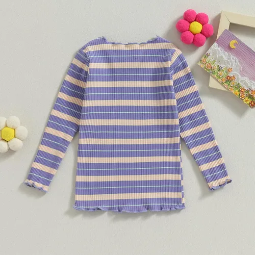 Vista 4 de Kuriozud Camisa de manga larga con estampado de rayas y estampado de lechuga para niños pequeños