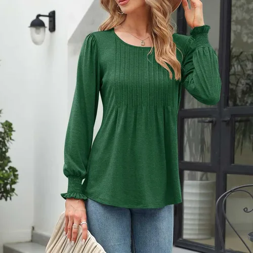 Vista 5 de Túnica lisa para mujer, estilo casual, elegante, cuello redondo, manga larga, plisada, para llevar con leggings