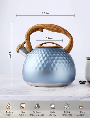 Vista 5 de BELANKO - Tetera de acero inoxidable de 2.7 cuartos de galón para estufa, de grado alimenticio con mango de patrón de madera, con silbido fuerte