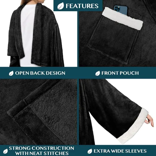 Vista 2 de PAVILIA Manta de forro de vellón con mangas para mujeres, hombres y adultos, manta portátil cálida y suave de felpa, acogedora manta con bolsillo