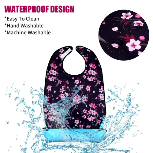 Vista 7 de Baberos para adultos, paquete de 3 baberos para adultos con flor de cerezo para mujeres, lavables con atrapa migas (negro y rosa, paquete de 3)