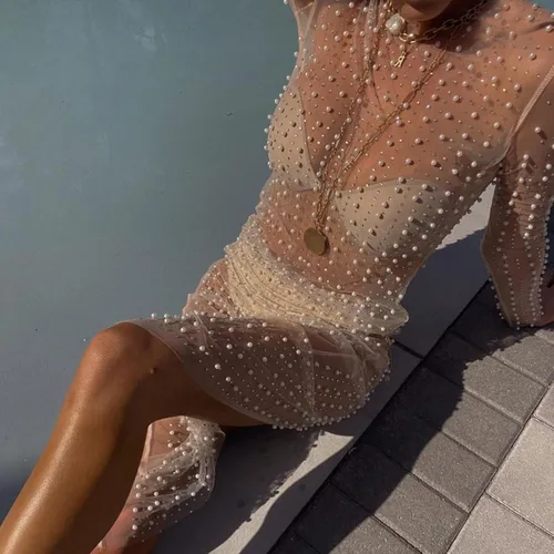 Vista 4 de Vestidos sexys para mujer, malla transparente, con diamantes de imitación, salida de baño, bikini, traje de baño, vestidos largos de playa negros