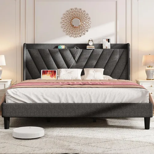 Vista 16 de koorlian Marco de cama tamaño matrimonial, Marco de cama tamaño matrimonial con cabecero, Marco de cama tapizado ajustable con puerto tipo C y USB
