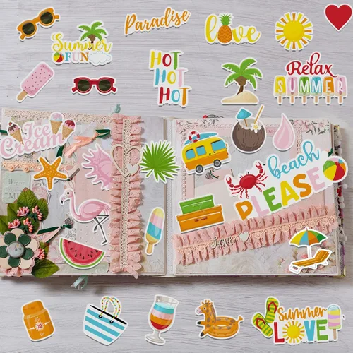 Vista 5 de 100 piezas de papel temático de verano, troquelados, cartulina, álbumes de recortes, recortes de verano, adornos de álbumes de recortes para tablón