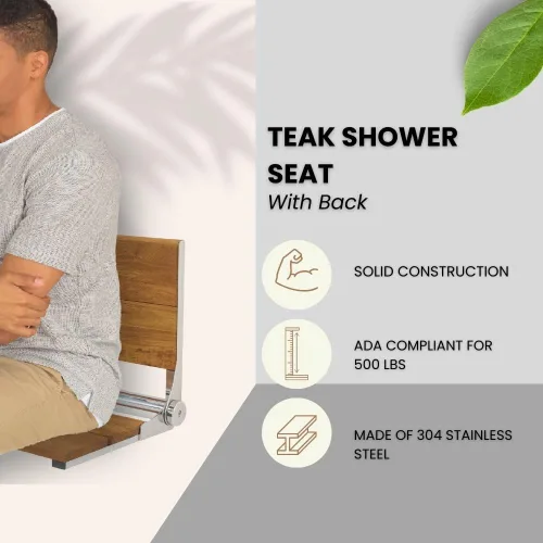 Vista 2 de Asiento de ducha plegable montado en la pared con respaldo Capacidad de carga máxima de 500 libras Asiento de ducha de teca compatible con ADA