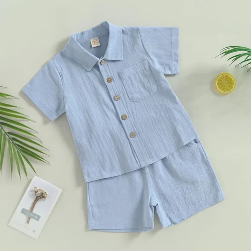 Vista 2 de DNOMAID YZARC Conjunto de 2 piezas de ropa de verano para bebé niño y niña, algodón sólido, lino, manga corta, con botones, pantalones cortos