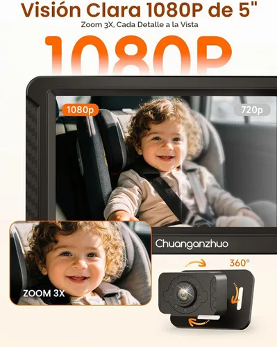 Vista 3 de S100C - Cámara de coche para bebé alimentada por USB, visión nocturna cristalina para asiento trasero para bebé, ajuste de brillo y monitor IPS