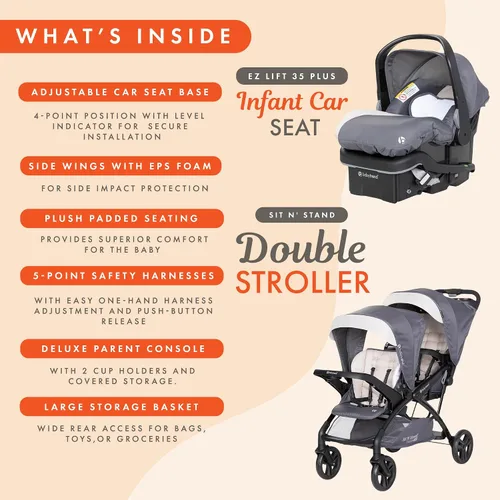 Vista 4 de Baby Trend Sit N' Stand Cochecito doble tándem con 2 asientos de coche para bebé EZ-Lift Plus, Magnolia