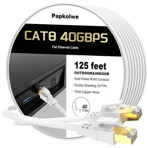 Vista 19 de Cable Ethernet Cat 8 de 1.5 pies, cable de red LAN Cat8 de alta velocidad, cable de conexión plano RJ45 de 40 Gbps 2000 MHz para computadora