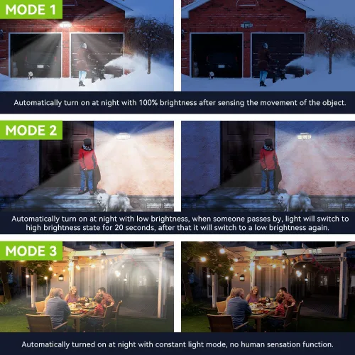 Vista 3 de Luces solares para exteriores con sensor de movimiento, 223 luces LED de seguridad, reflector LED impermeable IP65, 3 cabezales ajustables, luz