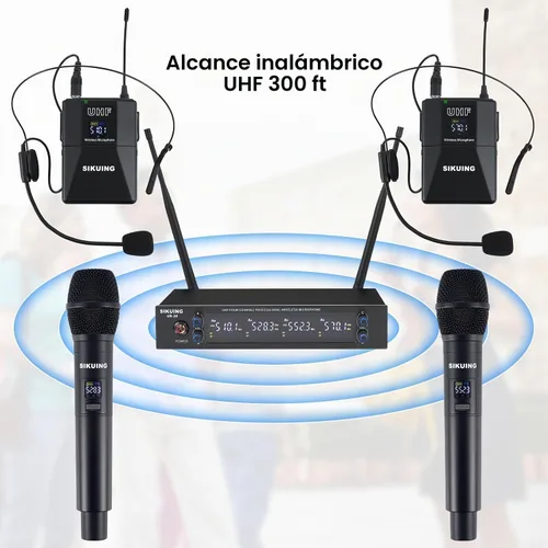 Vista 6 de Sistema de micrófono inalámbrico UHF de 4 canales con micrófonos de auriculares Lavalier, frecuencias ajustables de 4 x 50, ideal para reuniones