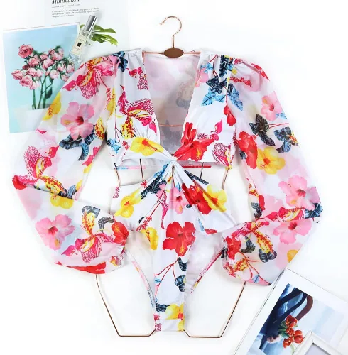 Vista 3 de ODIZLI Traje de baño de una pieza de manga larga abombada para mujer con cuello en V 2023