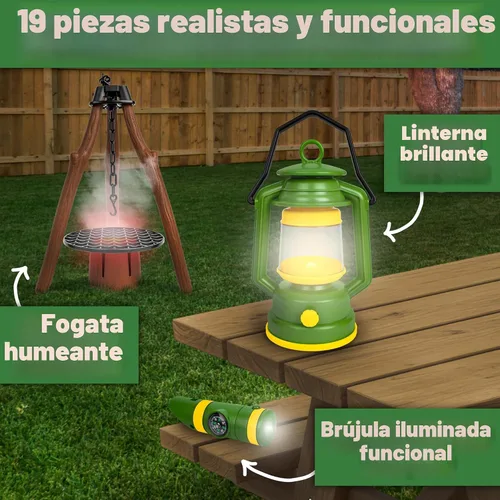 Vista 4 de John Deere Tienda de campaña emergente, juego de 18 piezas que incluye cantimplora, platos, utensilios, comida de juguete, ollas, binoculares