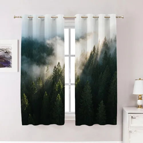 Vista 43 de Cortinas opacas de poliéster multicapa marrón con diseño de bosque natural, 2 unidades, 26 x 24 pulgadas