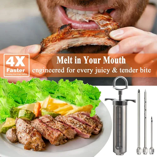 Vista 6 de DePango Inyector de carne, kit de jeringa de sabor de adobo de acero inoxidable con ventana de medición de 2 onzas para ahumadores, parrilla