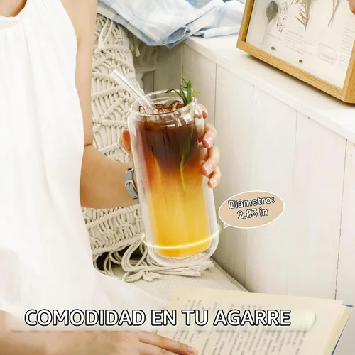 Vista 3 de LIBWYS Vaso de vidrio de doble pared de 12 onzas con tapa de bambú y pajita, juego de 1 pieza, resistente a la condensación, vaso de vidrio aislado