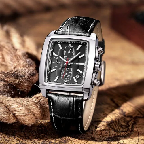 Vista 7 de MEGIR - Reloj analógico de cuarzo para hombre diseño rectangular con cronógrafo luminoso elegante correa de cuero adecuado para deporte y trabajo