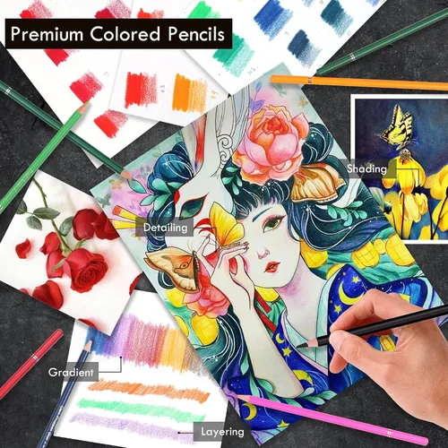 Vista 3 de KALOUR Juego de 180 lápices de colores para adultos y artistas - Núcleo blando de pigmento rico - 12 lápices metálicos - Ideal para colorear