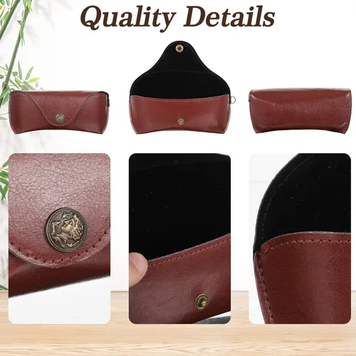 Vista 3 de Funda de cuero para lentes, delgada funda de cuero portátil para lentes de sol, ajuste universal, protección de carcasa dura, color marrón