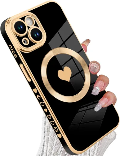 Vista 37 de tharlet Funda Magnética para iPhone 11 [Compatible con Magsafe] Lindo Corazón de Amor de Lujo Chapado Borde Dorado Parachoques con Lente de Cámara