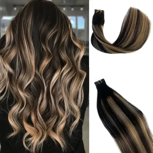 Vista 22 de Extensiones de cabello humano rubio con cinta, reflejos rubio ceniza y rubio platino, extensiones de cabello rubio platinado, cinta adhesiva
