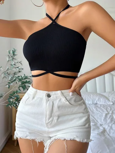 Vista 5 de SOLY HUX Brasier halter cruzado para mujer, sin espalda, bralettes sólidos