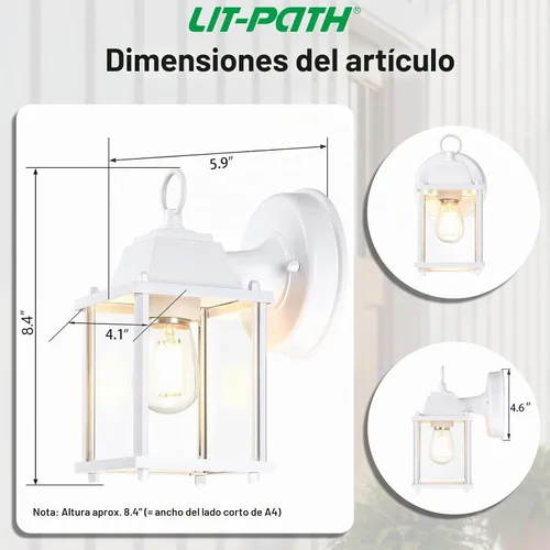 Vista 6 de LIT-PaTH Farol de pared para exteriores, aplique de pared como accesorio de iluminación de porche, base E26, carcasa de aluminio más vidrio Blanco