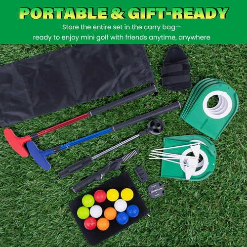 Vista 7 de Mini juego de práctica de golf de putting – Putters ajustables, 6 agujeros marcados, 12 pelotas de práctica, recuperador de bolas extensibles