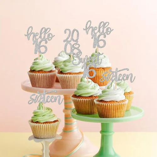 Vista 5 de 24 piezas de decoraciones para cupcakes de 16 cumpleaños con purpurina, ¡Hola 16! Dulces 16 desde 2008, púas para cupcakes de 16 años para celebrar