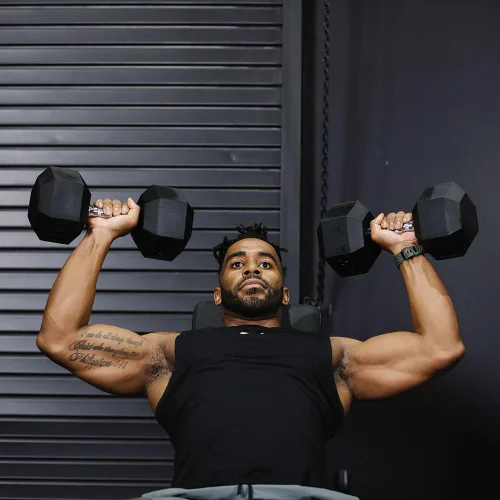 Vista 4 de Titan Fitness Pair Rubber Coated Hex Dumbbells, Roll-Resistant Hexagonal Free Weights, Chrome-Coated Handles with Knurling, Strength Training