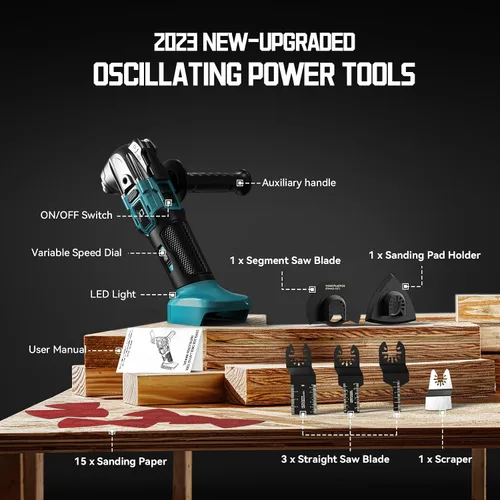 Vista 5 de Herramienta oscilante inalámbrica compatible con batería Makita, herramienta de motor sin escobillas de 21000 OPM máx con mango auxiliar Azul