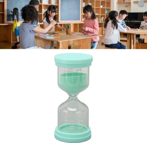 Vista 5 de Temporizador de arena verde, juego de 2, 5 minutos, hecho de vidrio transparente grueso y plástico, pequeño y portátil, para tareas de cocina