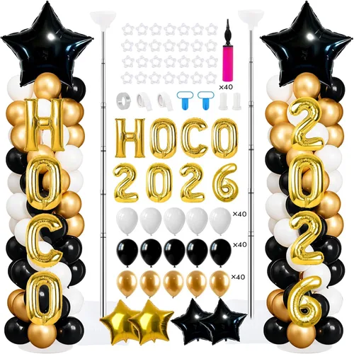 Vista 26 de 2 juegos de globos negros dorados y rojos, kits de soporte de columna de globos ajustables con 4 estrellas, guirnalda de noche de película, globos