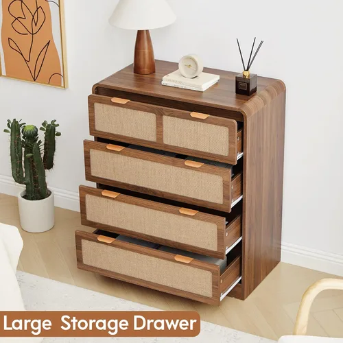 Vista 5 de Cómoda moderna de mediados de siglo para dormitorio con 4 cajones, cómoda de 35 pulgadas de alto con lino natural, cómoda de madera curvada